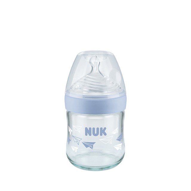 NUK - Nature Sense Μπιμπερό γυάλινο με Θηλή  Σιλικόνης Even Softer Μπλε Small (10.747.123) | 120ml