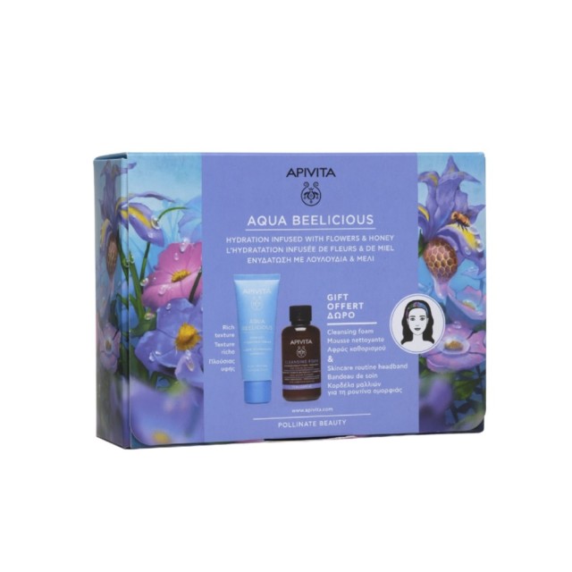 APIVITA - Aqua Beelicious Rich Cream-Gel (40ml) Cleansing Foam for Face & Eyes (75ml) & Κορδέλα μαλλιών