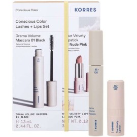 Korres Consious Color Set Drama Volume Mascara 01 Black 13ml & True Velvety Lipstick 13 Nude Pink 3g
