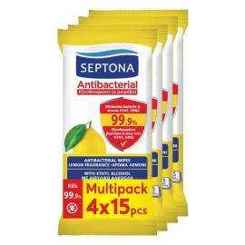 Septona Ήπια Αντισηπτικά Μαντηλάκια Χεριών 4x15τμχ Λεμόνι