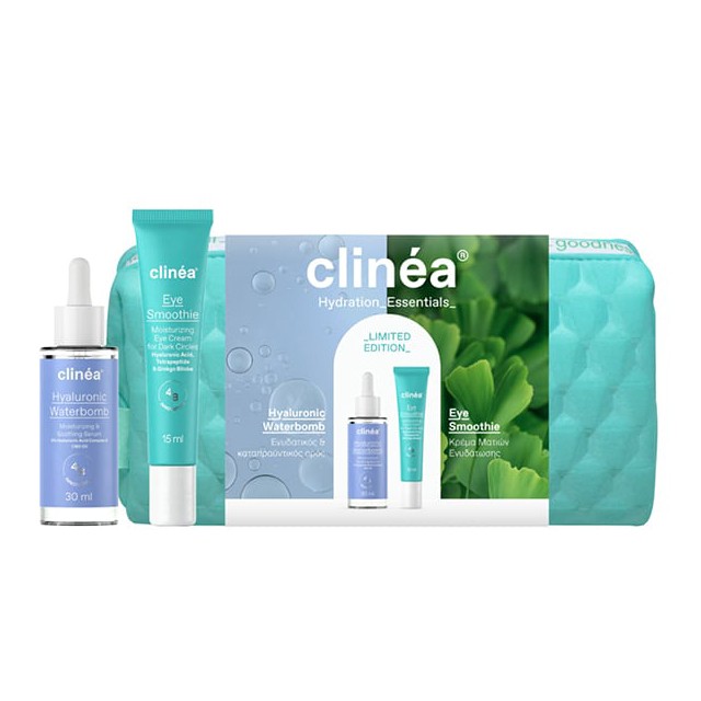 Clinea Promo Limited Edition Gift Set Hydration Essentials Hyaluronic Waterbomb Oρός Προσώπου 30ml, Smoothie Κρέμα Ματιών 15ml & Δώρο Νεσεσέρ