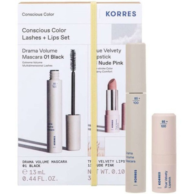 Korres Consious Color Set Drama Volume Mascara 01 Black 13ml & True Velvety Lipstick 13 Nude Pink 3g