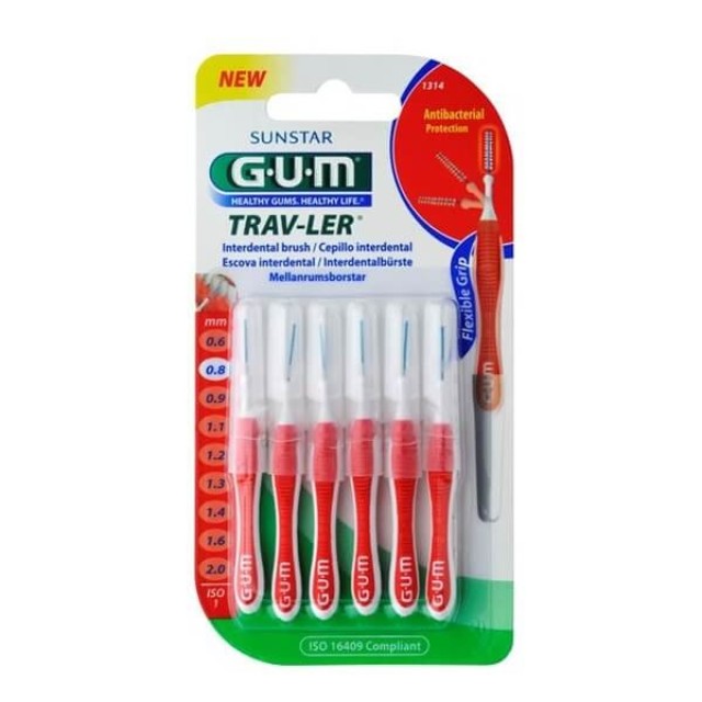 GUM - 1314 Trav-ler Interdental Brush 0,8mm Κόκκινο | 6τμχ
