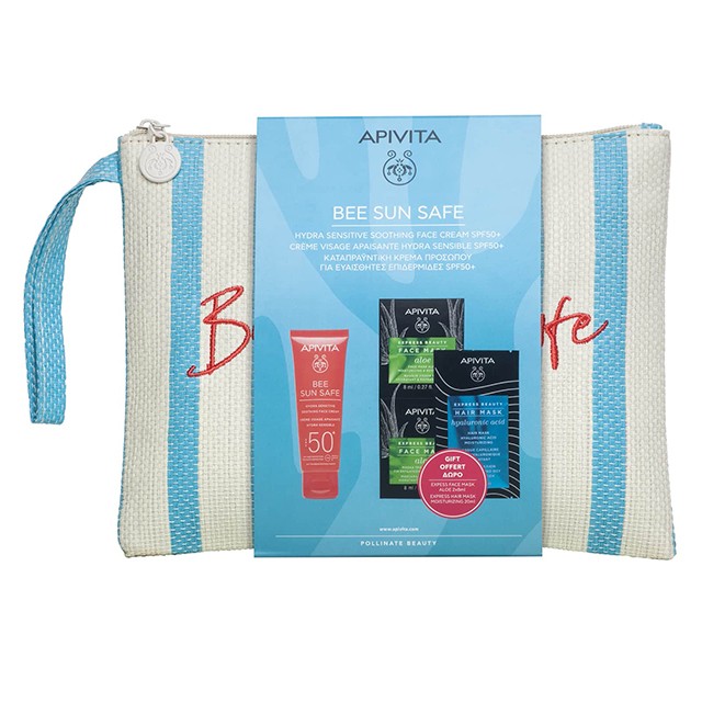 APIVITA - Bee Sun Safe Hydra Sensitive Soothing Face Cream SPF50 (50ml) & Express Beauty Face Mask Aloe (2x8ml) & Express Beauty Hair Mask Hyaluronic Acid (20ml)