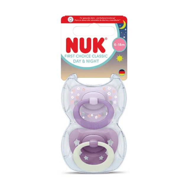 Nuk First Choice Classic Day & Night Πιπίλες Σιλικόνης Νυκτός με Θήκη Μωβ για 6-18 μηνών 2τμχ