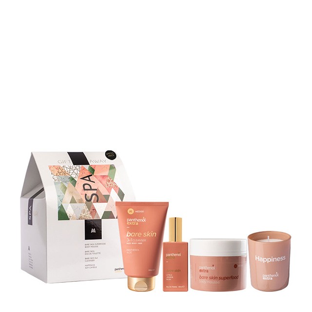 PANTHENOL Extra - Gift Away Bare Skin Superfood Body Mousse (230ml) & Femme 3 in 1 Cleanser Face,Body and Hair (200ml) & Bare Skin Eau de Toilette (50ml) & Happiness Soy Candle (170gr)