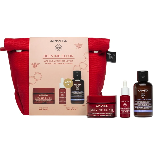 Apivita Promo Σετ Beevine Elixir με Beevine Elixir Κρέμα Προσώπου Πλούσιας Υφής για Σύσφιξη & κατά των Ρυτίδων, 50ml & Δώρο Beevine Elixir Serum Ορός Προσώπου για Σύσφιξη & κατά των Ρυτίδων, 10ml, Αφρό Καθαρισμού, 75ml & Nεσεσέρ, 1τεμ