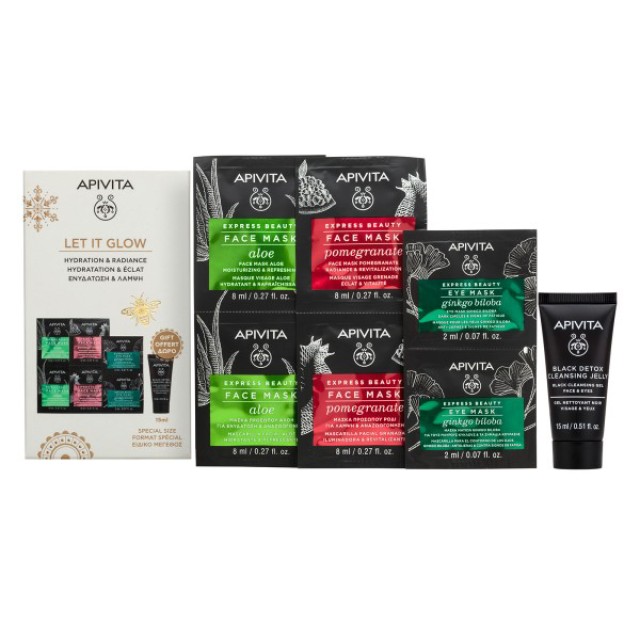 Apivita Promo Express Beauty Face Mask Aloe, 2x8ml & Pomegranate, 2x8ml & Ginkgo Biloba Eye Mask, 2x2ml & Cleansing Gel 15ml