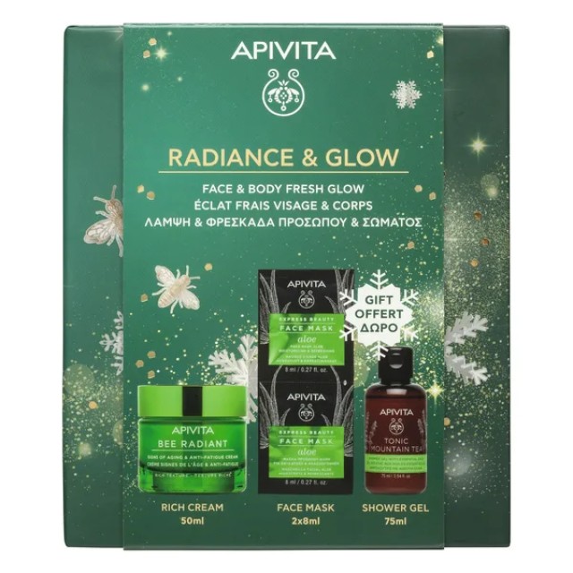 Apivita Promo Radiance & Glow with Bee Radiant Rich Cream, 50ml & Aloe Face Mask, 2x8ml & Tonic Mountain Tea Shower Gel, 75ml