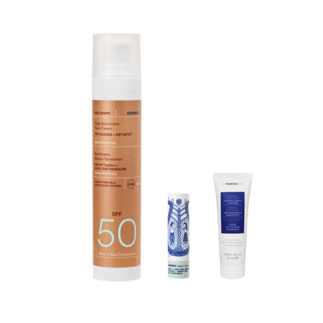 KORRES - Red Grape Daily Sunscreen Face Cream Antiageing+Antispot SPF50 (50ml) & Lip Balm Mint Cooling Sensation (4.5gr) & Greek Yoghurt Foaming Cream Cleanser (20ml)