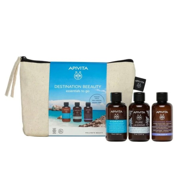 APIVITA - Destination beeauty Essentials to Go Pure Jasmine Gel Douche (75ml) & Moisturizing Shampoo (75ml) & Cleansing Creamy Foam  Face and Eyes (75ml)