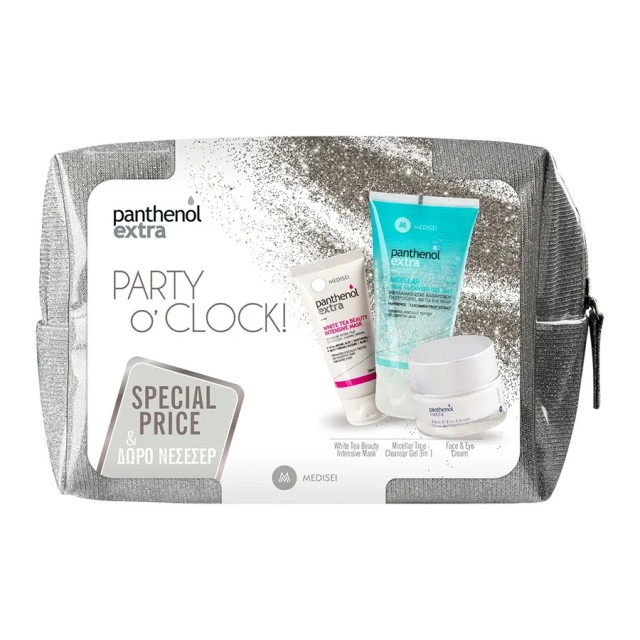 PANTHENOL Extra - Party O Clock Silver Face and Eye Cream Αντιγηραντική Κρέμα Ημέρας (50ml) &  White Tea Beauty Inntensive Mask (50ml) & Micellar True Cleanser Gel 3in 1 (200ml) & Δώρο Νεσεσέρ
