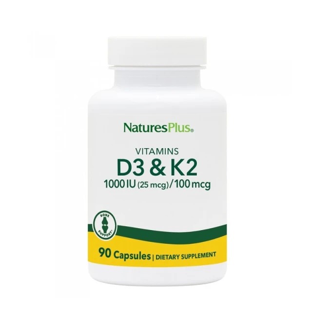 Natures Plus Vit D3/ Vit K2 Βιταμίνη για Ενίσχυση του Ανοσοποιητικού & την Υγεία των Οστών 1000iu 90 φυτικές κάψουλες