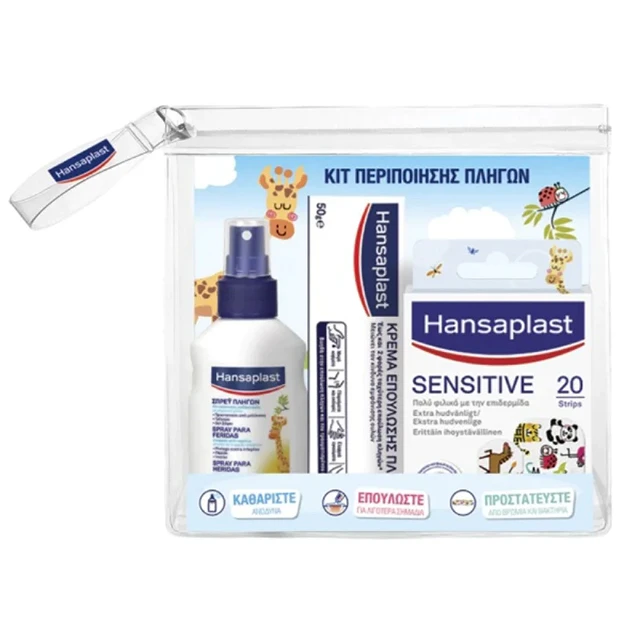 Hansaplast Sensitive Kids Κιτ Περιποίησης Πληγών για Παιδιά με Σπρέι καθαρισμού πληγών 100ml, Επιθέματα με σχέδια 20τμχ & Κρέμα Επούλωσης Πληγών 20gr & δώρο νεσεσέρ