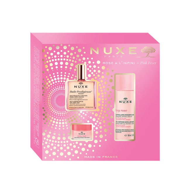 NUXE - Pink Fever Huile Prodigieuse Florale (50ml) & Very Rose 3in1 Soothing Micellar Water (100ml) & Very Rose Lip Balm (15g)