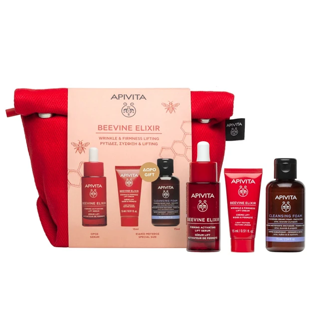 Apivita Promo Σετ Beevine Elixir με Beevine Elixir Serum Ορός Προσώπου για Σύσφιξη & κατά των Ρυτίδων, 30ml & Δώρο Κρέμα Προσώπου Σύσφιξης & κατά των Ρυτίδων, 15ml, Αφρό Καθαρισμού, 75ml & Nεσεσέρ, 1τεμ