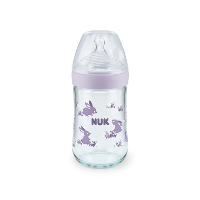 NUK - Nature Sense Μπιμπερό Γυάλινο με θηλή σιλικόνης Μώβ Medium (10.745.119) | 240ml