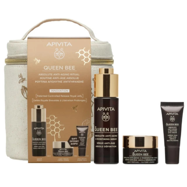 Apivita Promo Σετ Queen Bee Ρουτίνα Απόλυτης Αντιγήρανσης με Queen Bee Serum Αντιγηραντικός Ορός Προσώπου, 30ml & Δώρο Queen Bee Αντιγηραντική Κρέμα Ελαφριάς Υφής, 15ml, Κρέμα Ματιών, 5ml & Νεσεσέρ, 1τεμ