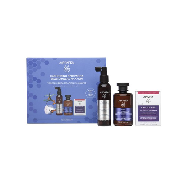 APIVITA - Caps For Hair Hippophae, Zinc & Biotina (30caps) & Mens Tonic Shampoo (250ml) & Tonic Hair Loss Lotion με Hippophae TC & Πρωτεΐνες Λουπίνου (150ml)