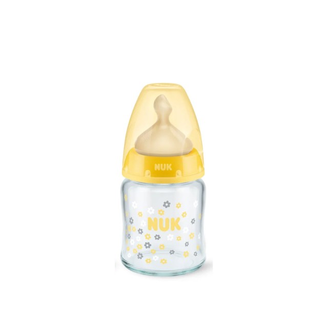 NUK - First Choice Μπιμπερό Γυάλινο Με Θηλή Καουτσούκ Κίτρινο 0-6m (10.747.098) | 120ml
