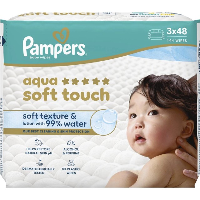 Pampers Aqua Soft Touch Baby Wipes 144 Τεμάχια (3x48 Τεμάχια)