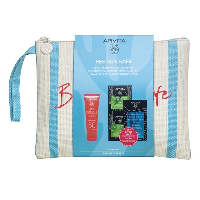 APIVITA - Bee Sun Safe Hydra Fresh Face Gel Cream SPF50 (50ml) & Express Beauty Face Mask Aloe (2x8ml) & Express Beauty Hair Mask Hyaluronic Acid (20ml)