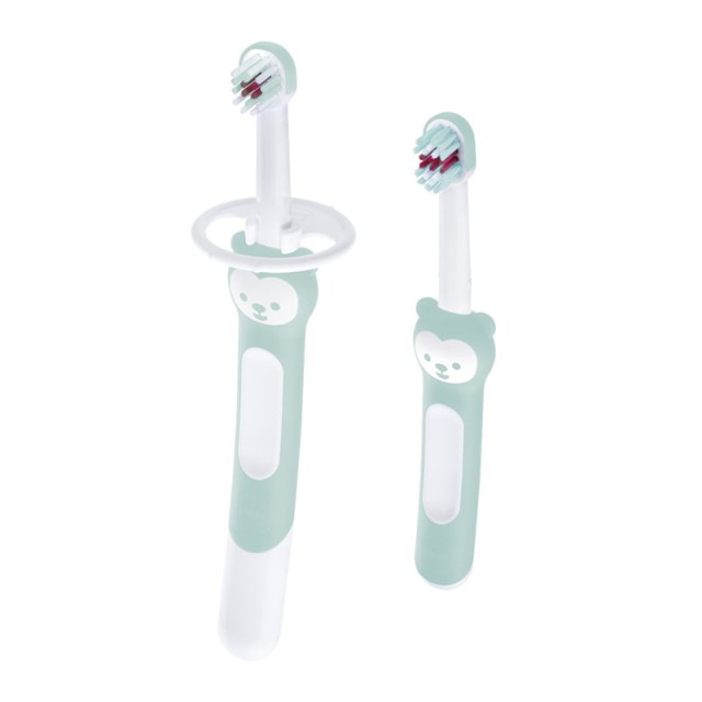 MAM - Learn to Brush Set Εκπαιδευτική & Βρεφική οδοντόβουρτσα με λαβή αρκουδάκι Πράσινο 5m+ | 2τμχ