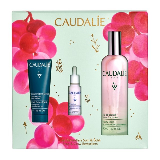 Caudalie Prep & Glow Set with Instant Detox Mask, 15ml & Brightening Dark Spot Serum, 10ml & Beauty Elixir, 100ml