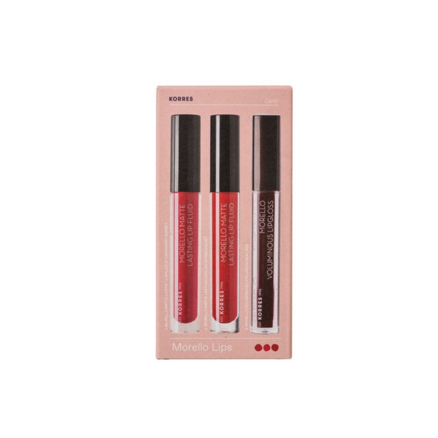 KORRES - Morello Matte Lasting Lip Fluid No.27 Cranberry Sorbet (3.4ml) & Matte No.53 Red Velvet (3.4ml) & Voluminous Lipgloss No.54 Real Red (3.4ml)