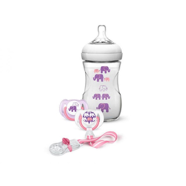 AVENT - ΣΕΤ Μπιμπερό Μώβ Natural(260ml) & 2 Ρόζ Πιπίλες Σιλικόνης με Κρίκο(6-18m) &1 Κλιπ Πιπίλας