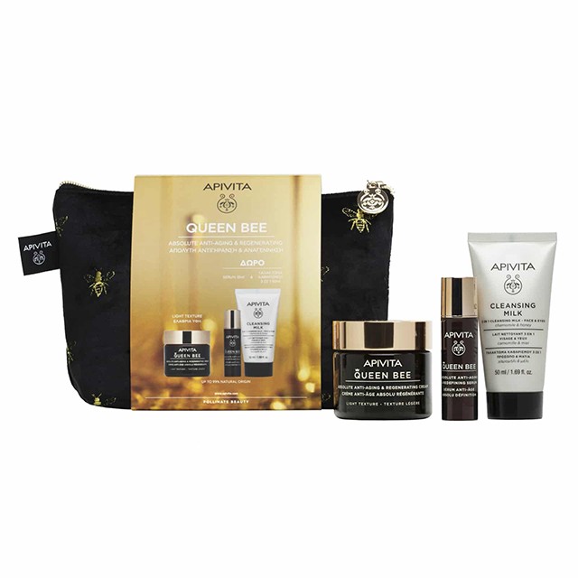 APIVITA - Promo Queen Bee Absolute Anti Aging & Regenerating Cream Light Texture (50ml) &  Anti Aging & Redefining Serum (10ml) & Cleansing Milk 3in1 with Chamomile & Honey (50ml)