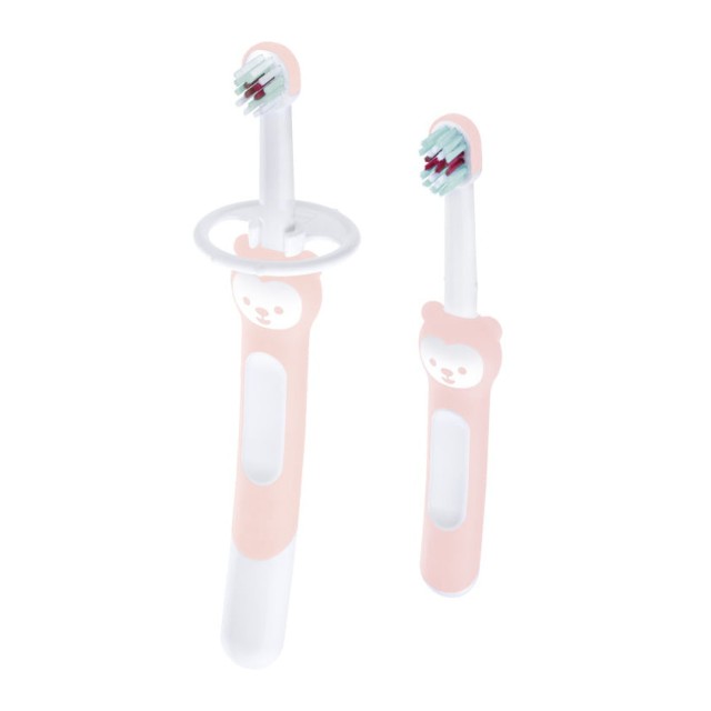 MAM - Learn to Brush Set Εκπαιδευτική & Βρεφική οδοντόβουρτσα με λαβή αρκουδάκι Ροζ 5m+ | 2τμχ