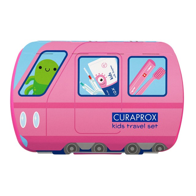 Curaprox Kids Travel Set ΡΟΖ για Παιδιά 6-12ετών με Παιδική Οδοντόβουρτσα 1τμχ, Παιδική Οδοντόκρεμα 10ml, Μεσοδόντια Βουρτσάκια (0.6mm & 0.7mm) 2τμχ & Δώρο Θήκη Μεταφοράς