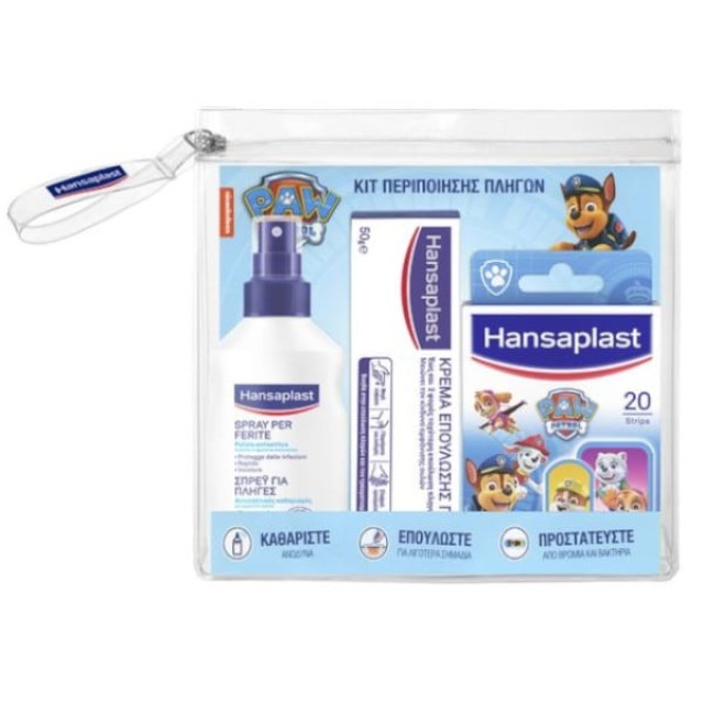 Hansaplast Παιδικό Kit Περιποίησης Πληγών Paw Patrol με Σπρέι Καθαρισμού Πληγών 100ml, Κρέμα Επούλωσης Πληγών 50g, Αυτοκόλλητα Επιθέματα Paw Patrol 20τμχ & Δώρο Νεσεσέρ