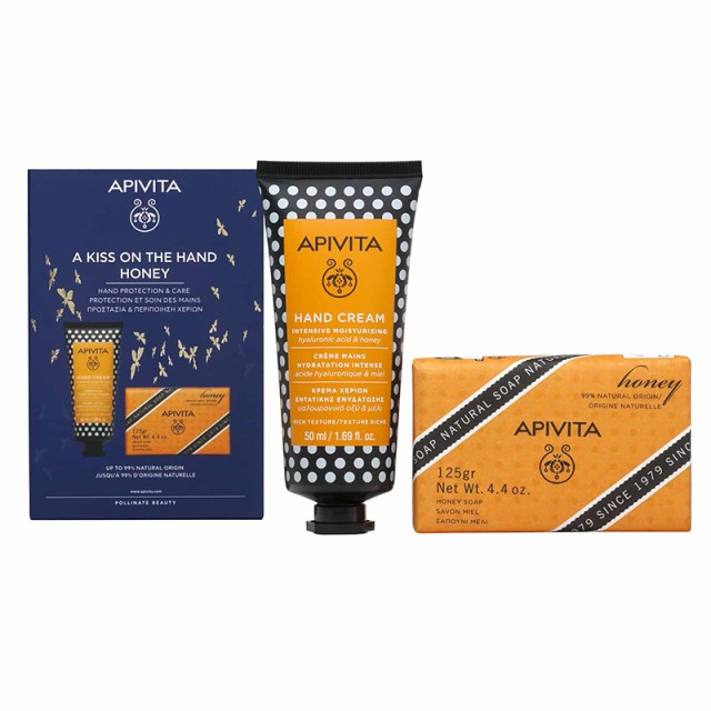 APIVITA - A Kiss On The Hand Honey  Natural Soap με Μέλι (125gr) & Hand Cream Κρέμα Χεριών Εντατικής Ενυδάτωσης με Υαλουρονικό Οξύ & Μέλι (50ml)