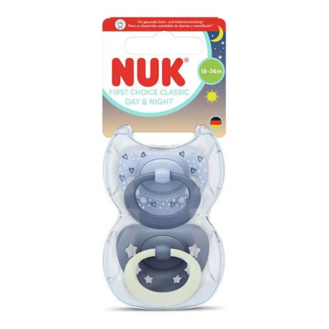 Nuk First Choice Classic Day & Night Πιπίλες Σιλικόνης Νυκτός με Θήκη Μπλε για 18-36 μηνών 2τμχ