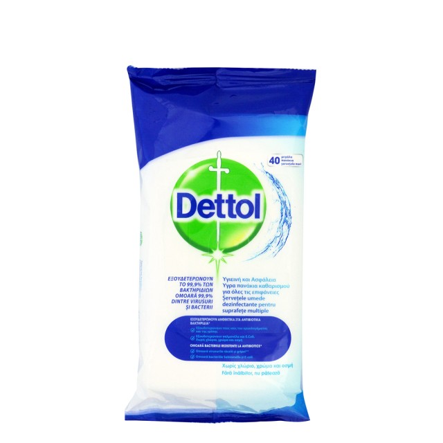 DETTOL - Αντιβακτηριδιακά Υγρά Πανάκια Καθαρισμού για Όλες τις Επιφάνειες | 40τμχ