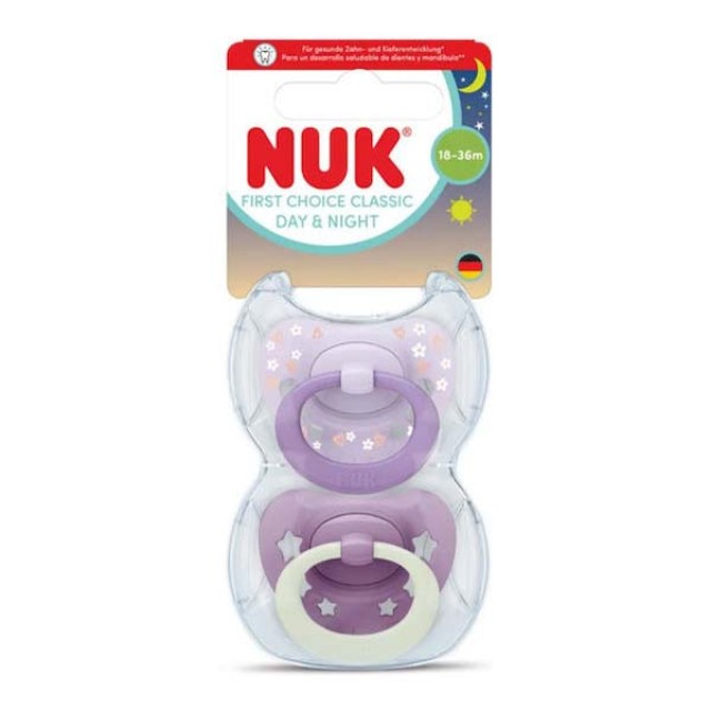 Nuk First Choice Classic Day & Night Πιπίλες Σιλικόνης Νυκτός με Θήκη Μωβ για 18-36 μηνών 2τμχ