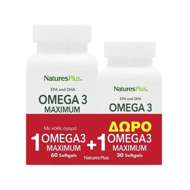 Natures Plus Promo Omega-3 Maximum Συμπλήρωμα Διατροφής Ιχθυελαίου, 60+30 μαλακές κάψουλες