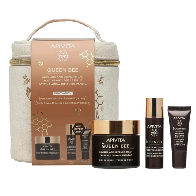 Apivita Promo Σετ Queen Bee Ρουτίνα Απόλυτης Αντιγήρανσης με Queen Bee Αντιγηραντική Κρέμα Πλούσιας Υφής, 50ml & Δώρο Queen Bee Serum Αντιγηραντικός Ορός Προσώπου, 10ml, Κρέμα Ματιών, 5ml & Νεσεσέρ, 1τεμ