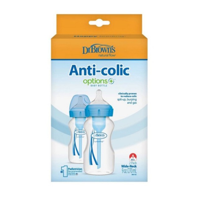 Dr. Browns Promo Οptions+ Anti-Colic Πλαστικό Μπιμπερό Μπλε Mε Φαρδύ Λαιμό & Θηλή Σιλικόνης, 2x270ml