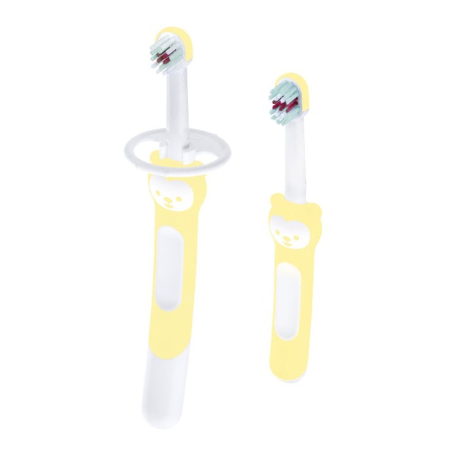 MAM - Learn to Brush Set Εκπαιδευτική & Βρεφική οδοντόβουρτσα με λαβή αρκουδάκι Κίτρινο 5m+ | 2τμχ