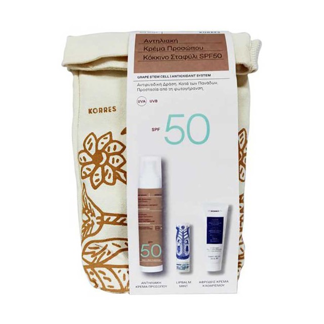 KORRES - Red Grape Daily Sunscreen Face Cream Antiageing+Antispot SPF50 (50ml) & Lip Balm Mint Cooling Sensation (4.5gr) & Greek Yoghurt Foaming Cream Cleanser (20ml)