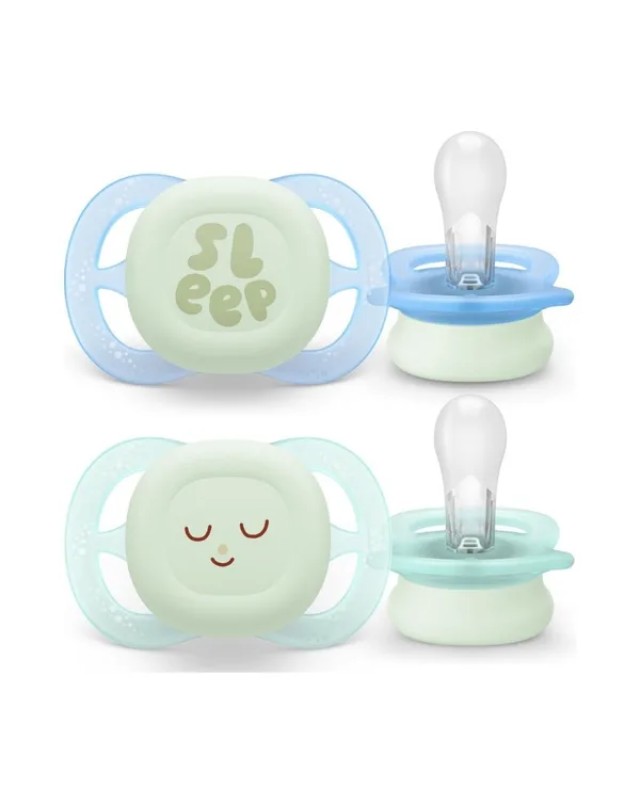 Philips Avent Πιπίλα Ultra Start Nighttime SCF075/08 Βεραμάν/Γαλάζιο με Σχέδια για 0-2 μηνών, 2 τεμάχια