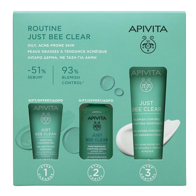 Apivita - Promo Just Bee Clear Κρέμα κατά των ατελειών 40ml & Gel καθαρισμού 15ml & Λοσιόν σύσφιξης πόρων 50ml
