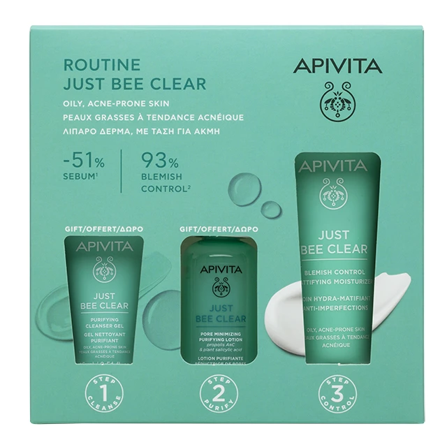 Apivita - Promo Just Bee Clear Κρέμα κατά των ατελειών 40ml & Gel καθαρισμού 15ml & Λοσιόν σύσφιξης πόρων 50ml
