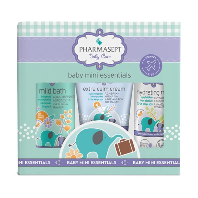 Pharmasept - Promo Baby Care Mini Essentials Απαλό Βρεφικό Αφρόλουτρο για Σώμα & Μαλλιά 100ml, Extra Calm Cream Αδιάβροχη Κρέμα Αλλαγής Πάνας 40ml & Hydrating Milk Ενυδατικό Γαλάκτωμα για Σώμα & Πρόσωπο 40ml