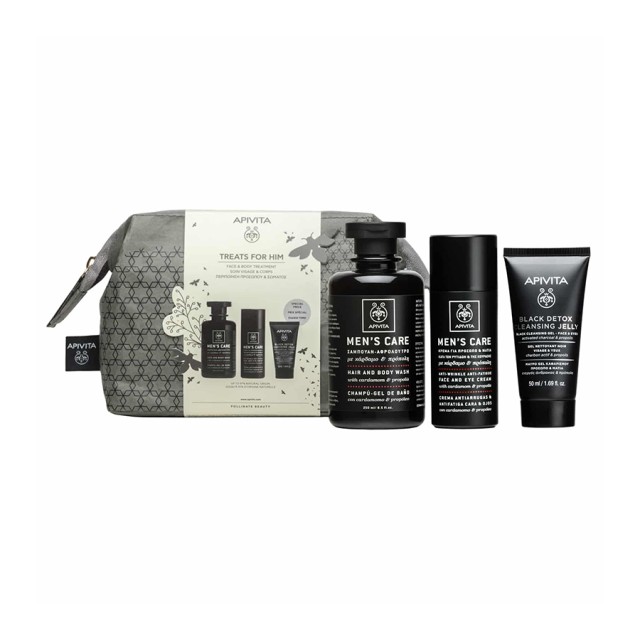 APIVITA - Promo Treats For Him Mens Care Σαμπουάν-Αφρόλουτρο Mε Κάρδαμο & Πρόπολη (250ml) & Mens Care Κρέμα Για το Πρόσωπο & τα Μάτια με κάρδαμο & πρόπολη (50ml) &  Black Detox Cleansing Jelly for Face & Eyes (50ml)