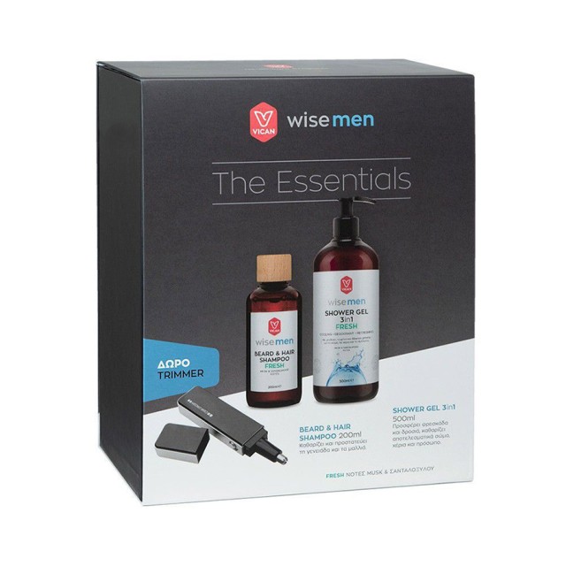 VICAN - Wise Men "The Essentials" Beard and Hair Shampoo (200ml) & Shower Gel 3in1 Fresh (500ml) & Δώρο Trimmer