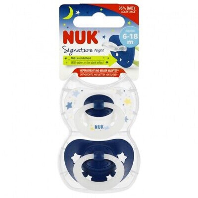 Nuk Signature Night Πιπίλα Σιλικόνης με Θήκη 18-36 Μηνών, 2τεμ Μπλε